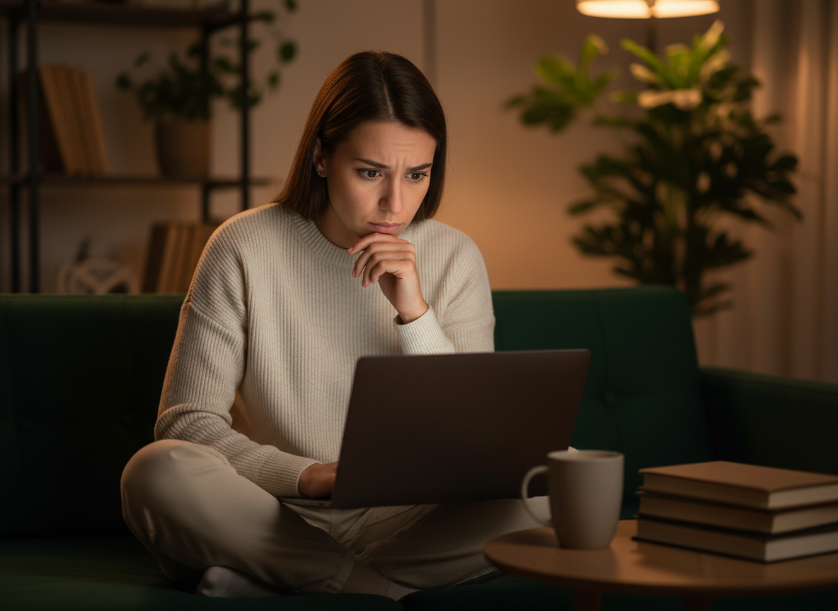 A sophisticated, editorial-style image for a blog post about the emotional experience of buying online programs. A person sitting at a laptop late at night, warm ambient light, a glowing screen reflected in their eyes. The mood is thoughtful and introspective — not anxious, not excited, somewhere in between. Muted warm tones, cream and deep forest green palette, cinematic and premium feel. No text overlays.